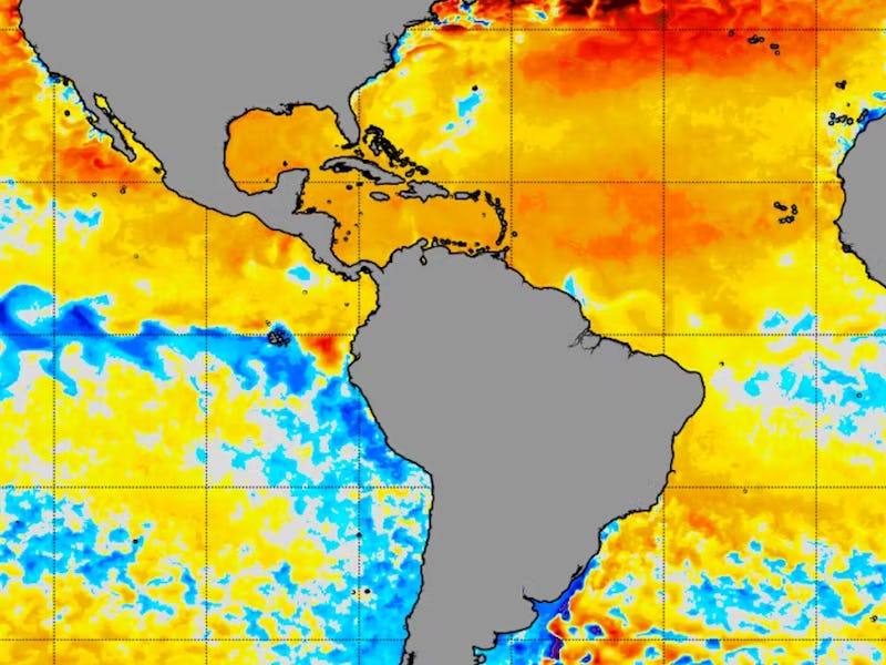 Cooling streaks indicate the potential for two Niña’s at once – Pacific and Atlantic, a rare event.