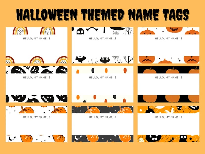 A grid of Halloween-themed name tags featuring various patterns like pumpkins, ghosts, and rainbows,...