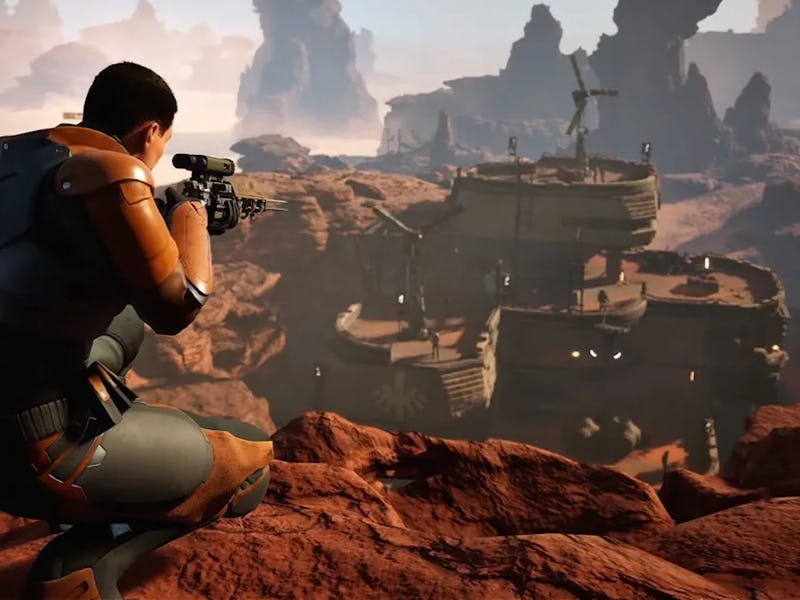 A sniper scouting an Arrakis camp in Dune: Awakening