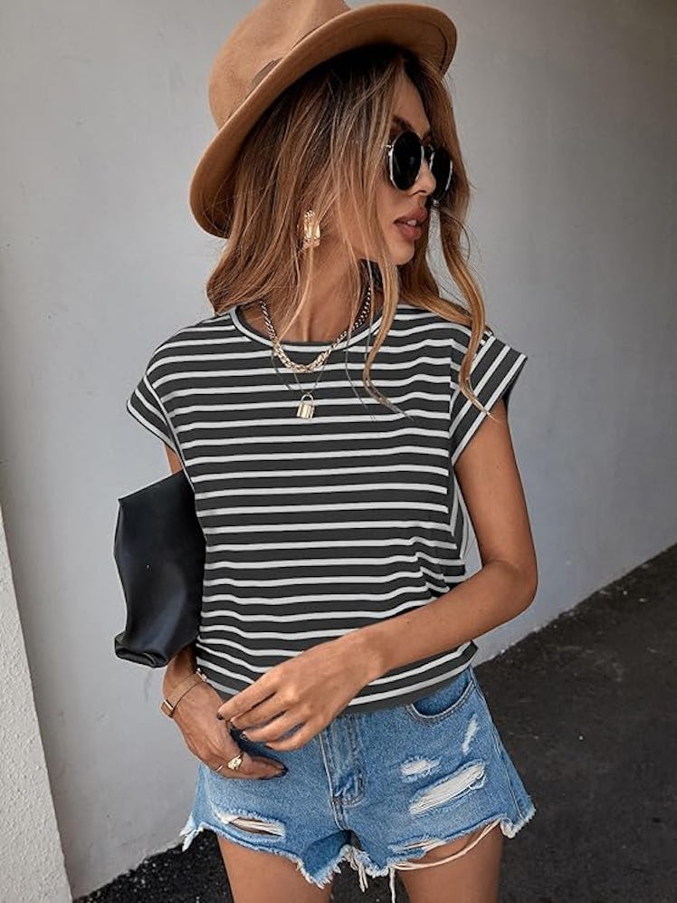 Floerns Cap Sleeve Striped Tee