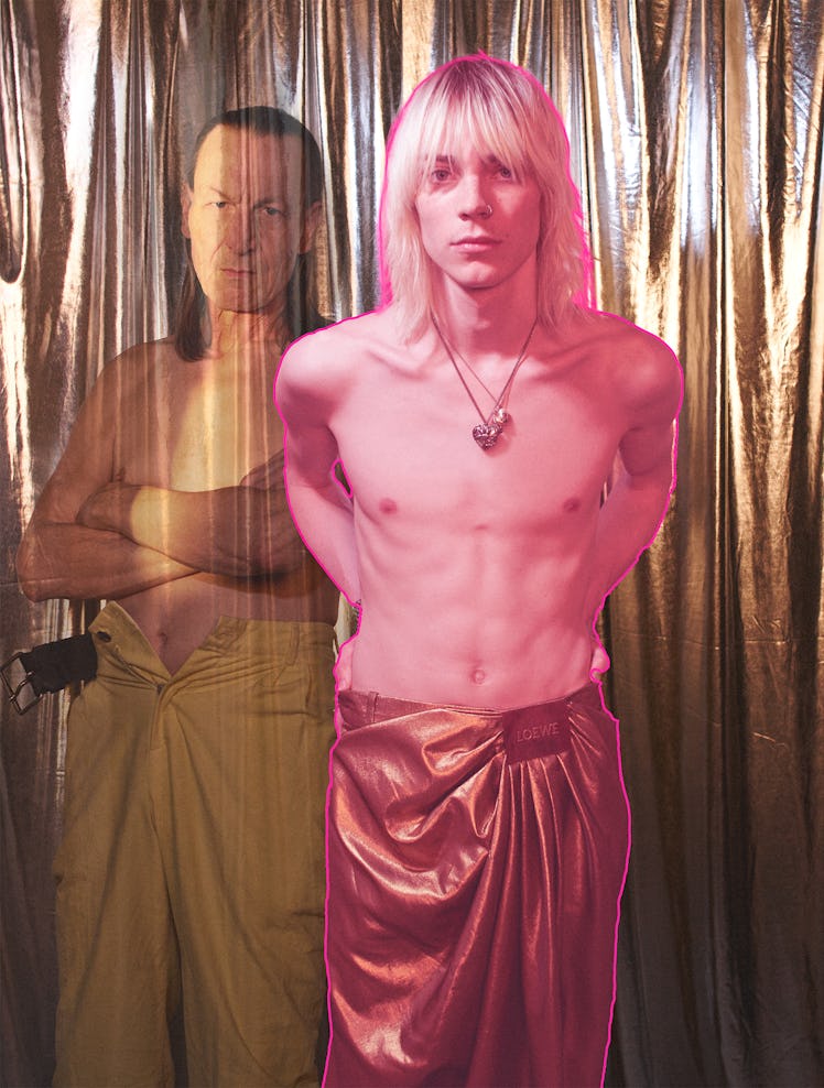 Pete Golding wears Loewe shoe pants. Toby Hudson Jones wears Loewe pants; his own necklaces.