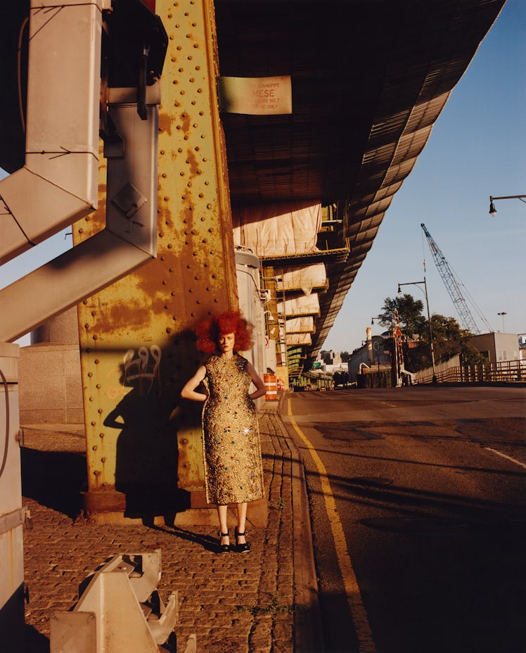 Rianne Van Rompaey wears a Marc Jacobs dress and shoes.