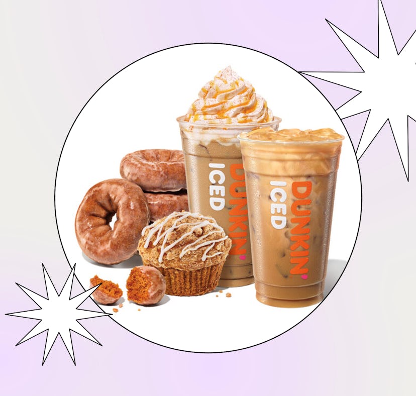 Two Dunkin' iced coffee drinks sit beside donuts and a muffin on a pastel background, creating a tem...