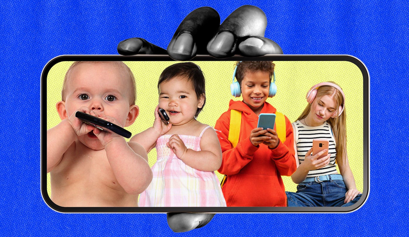 babies and toddlers of different ages with cell phones