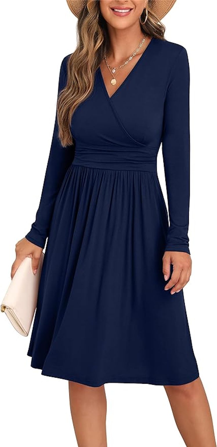 GRECERELLE Long Sleeve Wrap V-Neck Dress