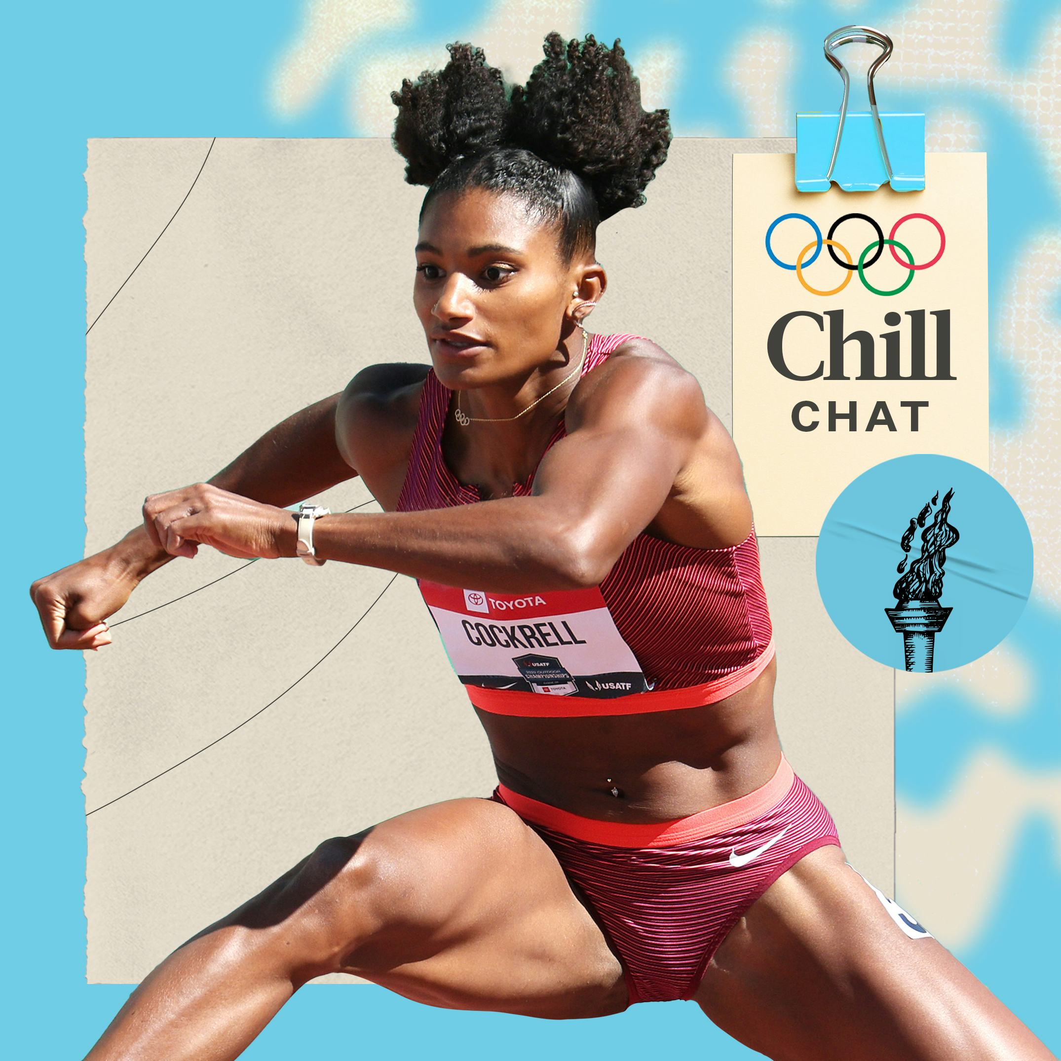 Female athlete in a sprinting pose, wearing a red and pink sports outfit, set against a graphic back&hellip;