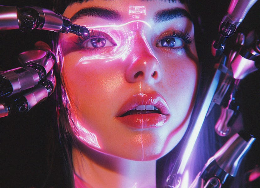 A woman surrounded by robotic arms with bright pink lights reflecting off her face, conveying a futu...