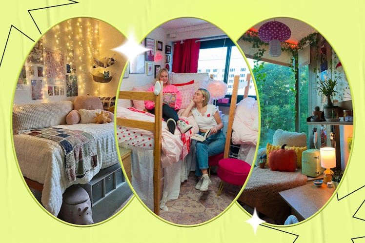Collage of three vibrant dorm room interiors, featuring cozy decor, plants, and two women chatting i...