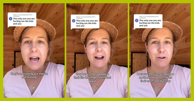 A triptych of a woman in a straw hat speaking, with text overlays expressing why children don't need...