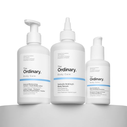 Three skincare products from The Ordinary, each with distinct packaging and descriptions, on a clean...