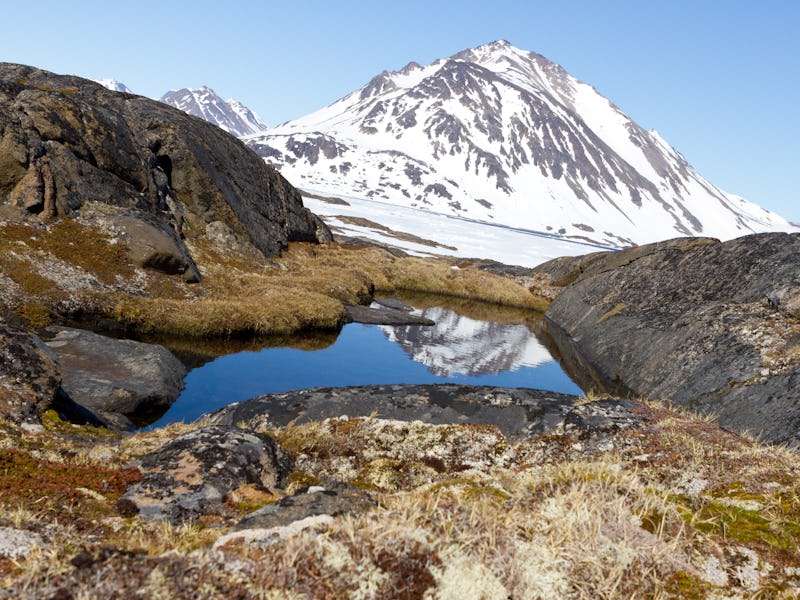 Snow-capped mountain peaks reflect in a clear water pond surrounded by rocky terrain and patches of ...