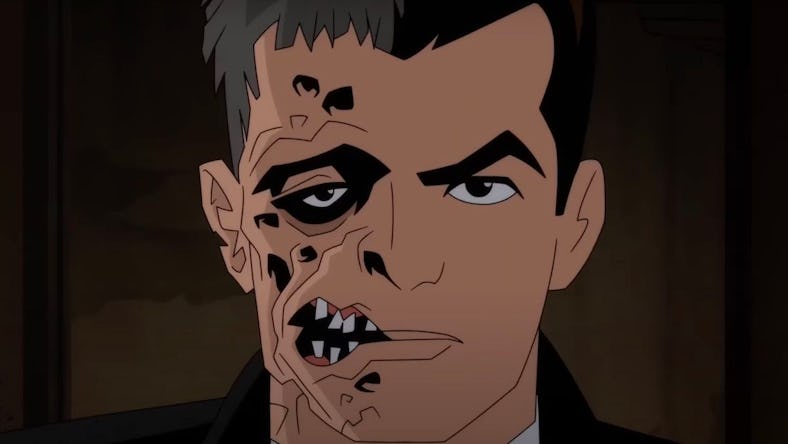 Animated image of a man with a half-zombie face, featuring a normal appearance on one side and decay...