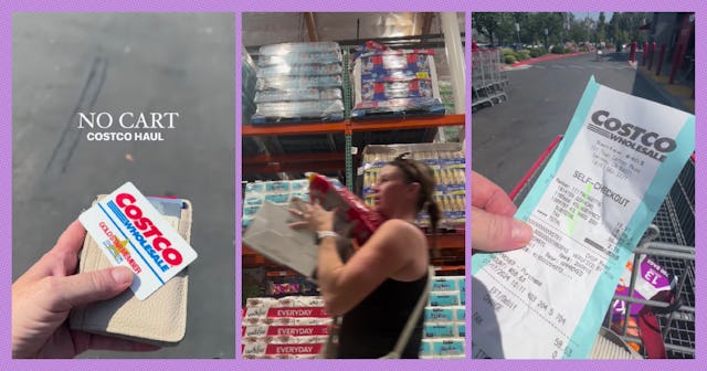 Collage of three images showing a "No Cart Costco Haul" with a Costco card, a woman shopping, and a ...