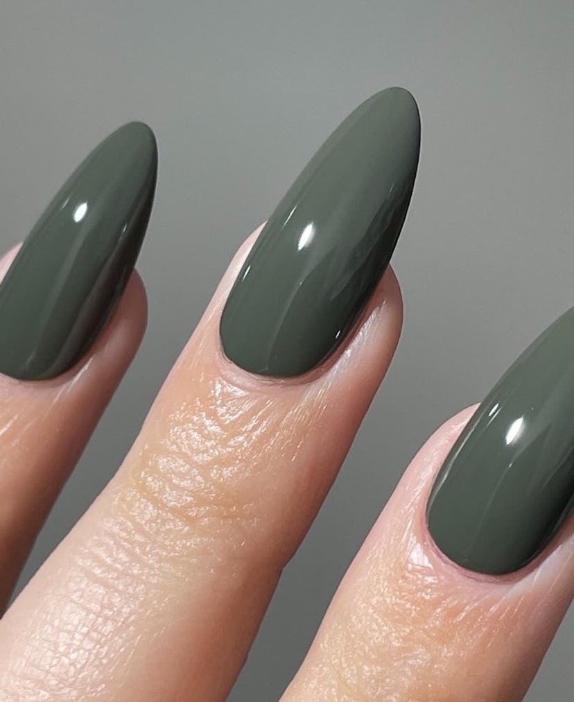 Olive green polish shades are on-trend for fall 2024.