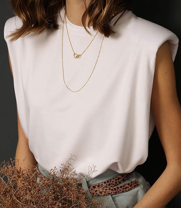 Meladyan Solid Cotton Padded Shoulder Sleeveless Tee