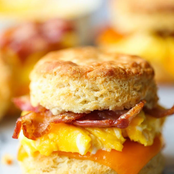 Biscuit sandwiches with cheese, egg, and bacon, which are a perfect school morning breakfast recipe.