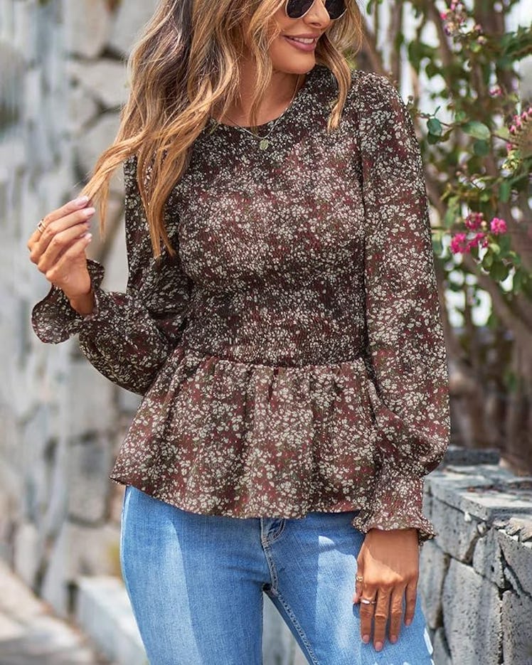 PRETTYGARDEN Floral Print Smocked Ruffle Hem Blouse