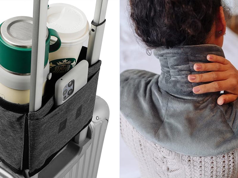 Split image with an image of a travel bag organizer attached to a suitcase, alongside an image of a ...