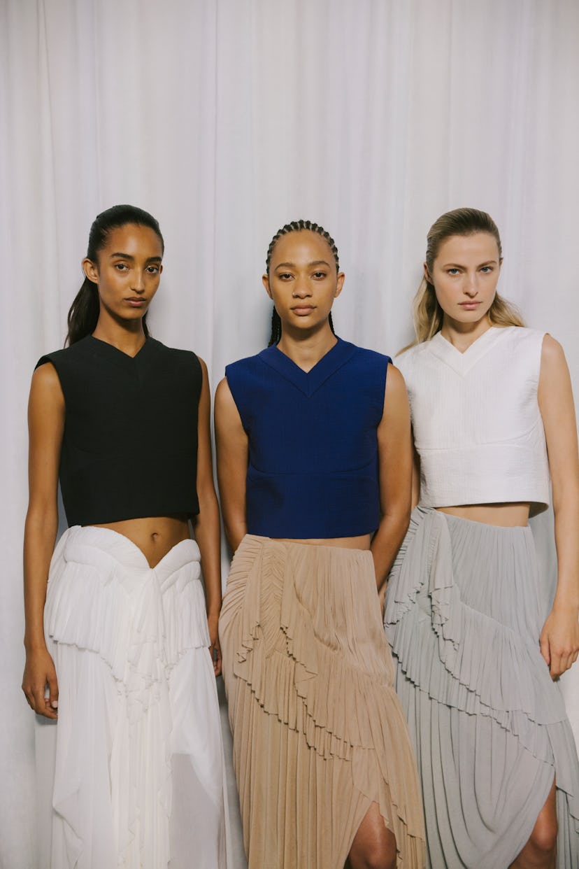 three looks from the tory burch spring 2025 collection shown at new york fashion week