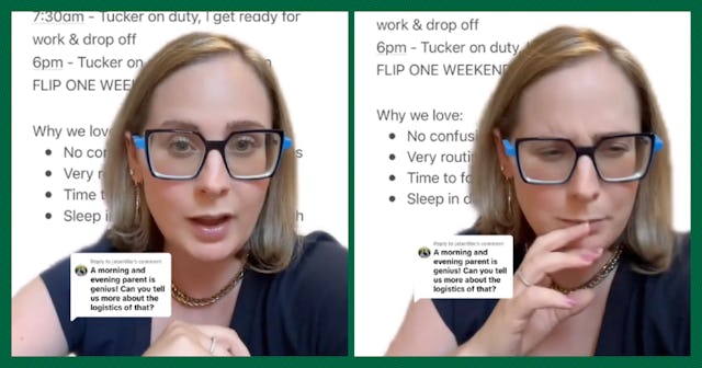 A split image of a woman with glasses speaking animatedly. Text highlights her daily routine and par...