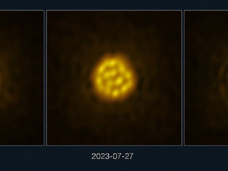 three images of a star with different patterns of light and dark patches on its surface, on a black ...