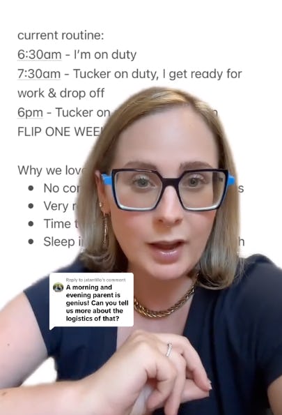 A woman with blonde hair and glasses is speaking to the camera about her daily routine, highlighting time management and parenting. Notes in the background detail her schedule.