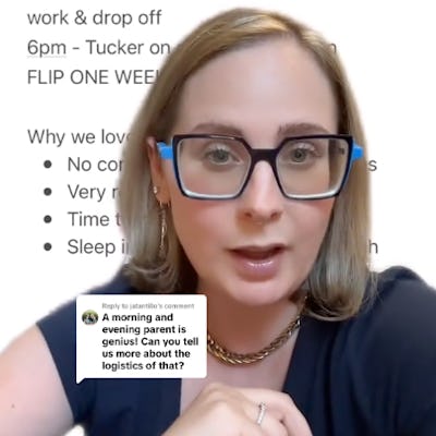 A woman with blonde hair and glasses is speaking to the camera about her daily routine, highlighting time management and parenting. Notes in the background detail her schedule.