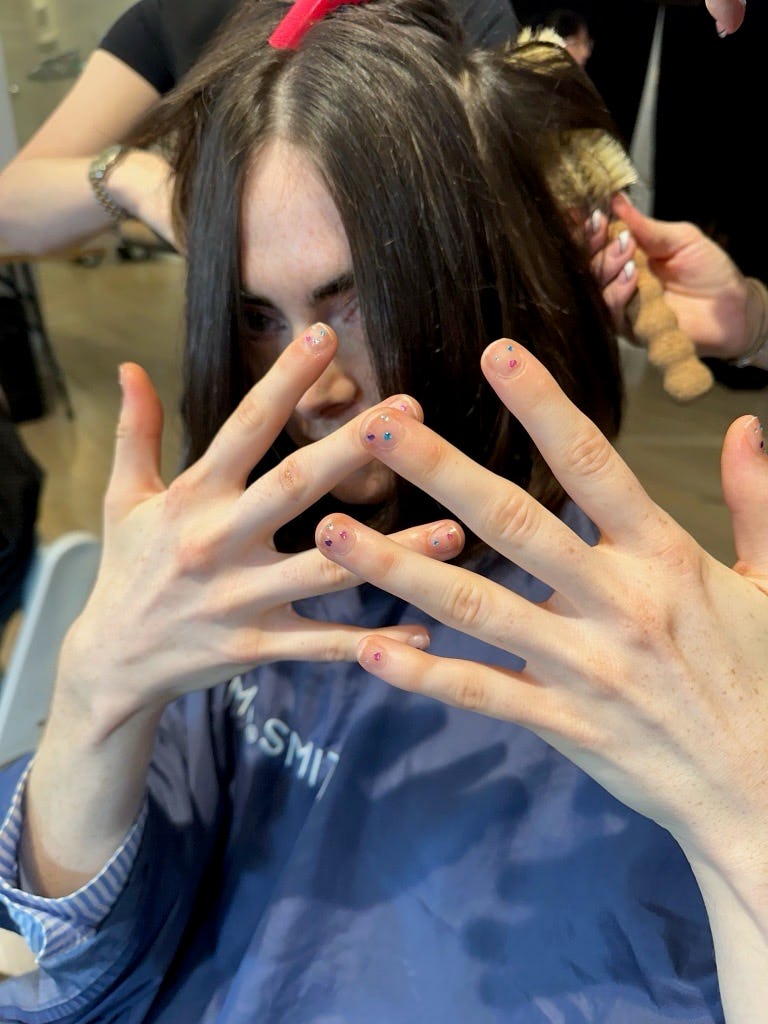 Simple rhinestone studded nails were spotted at New York Fashion Week Spring / Summer 2025.