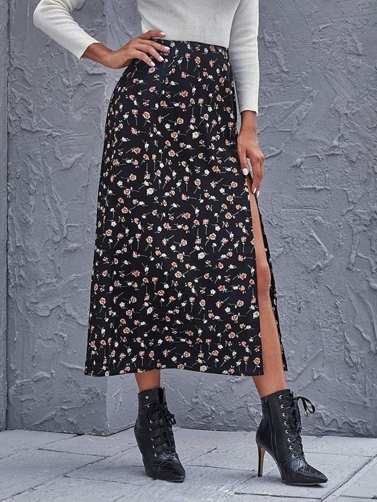 Floerns Split A-Line Midi Skirt