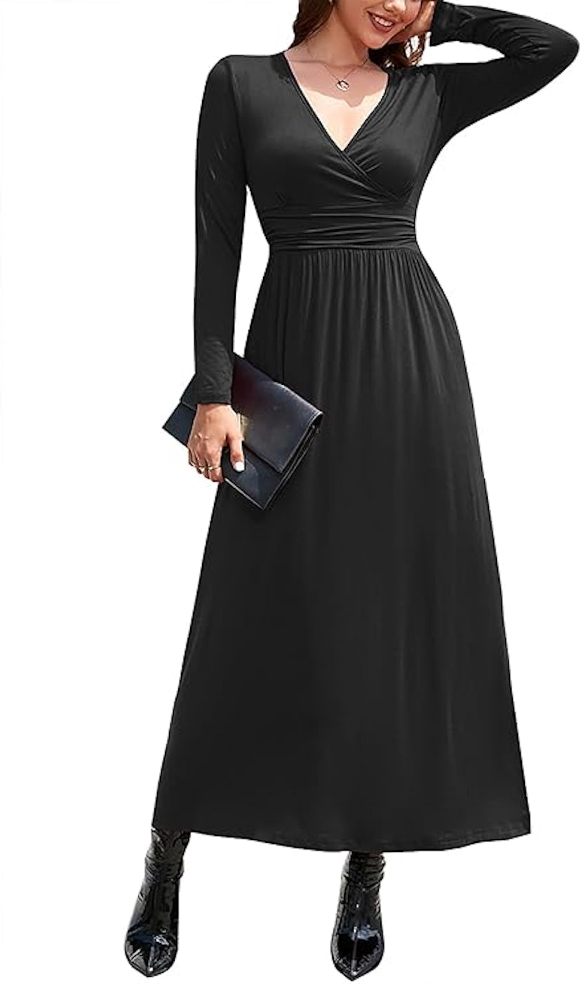 OUGES V-Neck Wrap Waist Maxi Dress