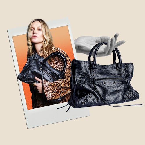 A stylish woman in a leopard print coat holds a black handbag, set against a gradient background. An…