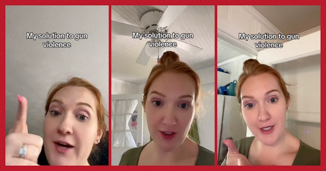 A triptych image features a woman with red hair making several expressive gestures. Each panel has t...