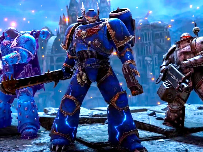 Three heavily armored sci-fi warriors stand in a dramatic stance against a mystical backdrop, wieldi...