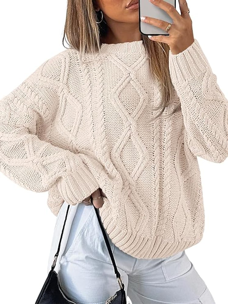 Trendy Queen Oversized Cable-Knit Crew-Neck Sweater