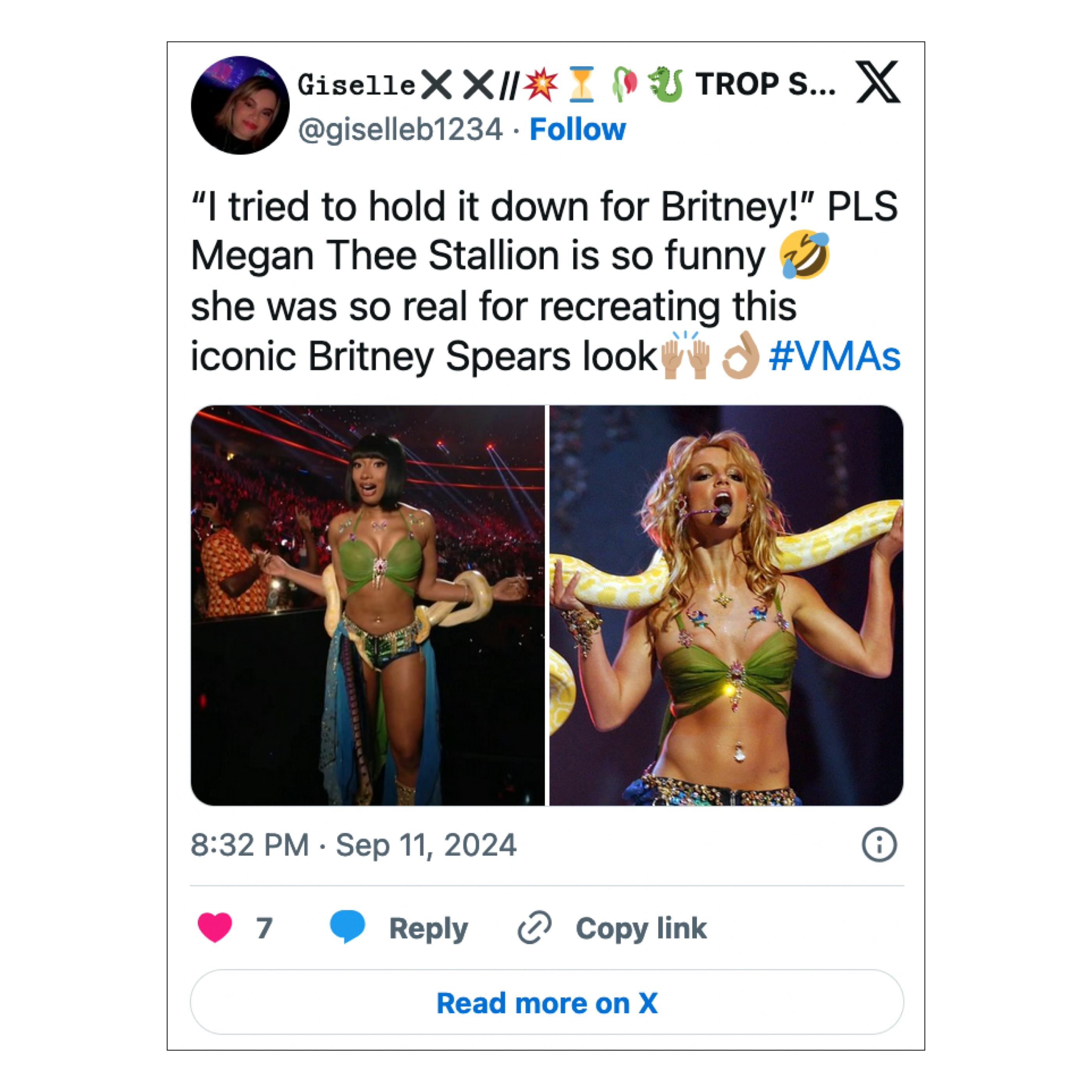 Megan Thee Stallion&rsquo;s Britney Spears-inspired outfit. Screenshot via X