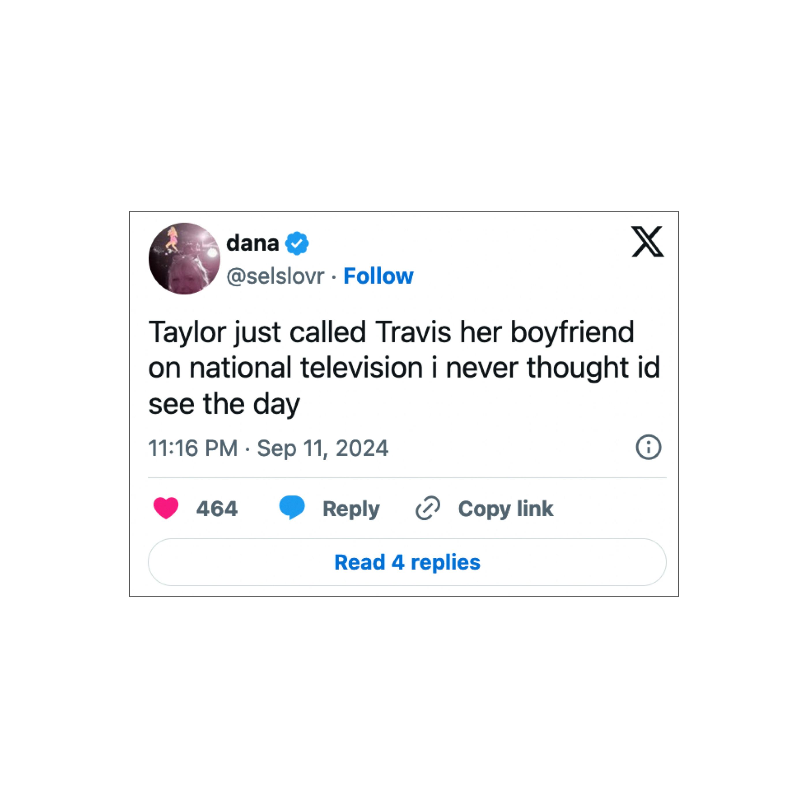 Taylor Swift&rsquo;s mention of her boyfriend, Travis Kelce, surprised VMA viewers. Screenshot via X