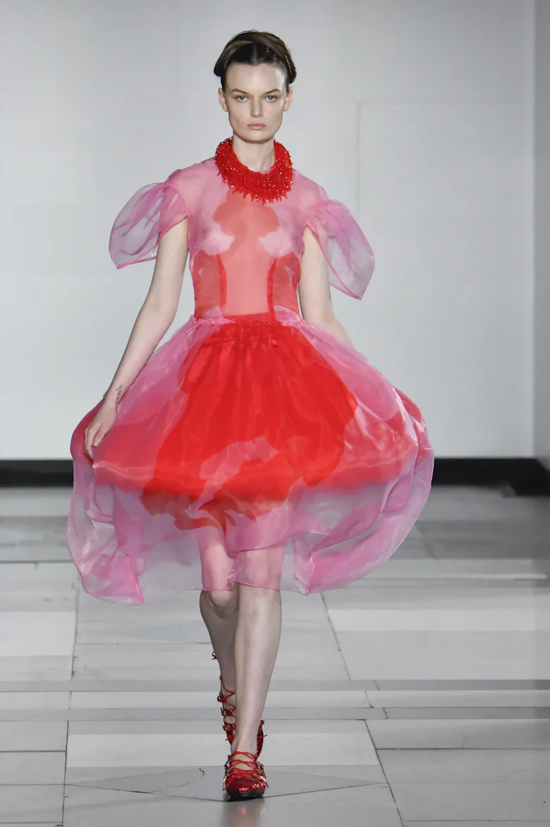 simone rocha pink dress Simone Rocha Pink Rose Puff Sleeve Hip Midi Dress