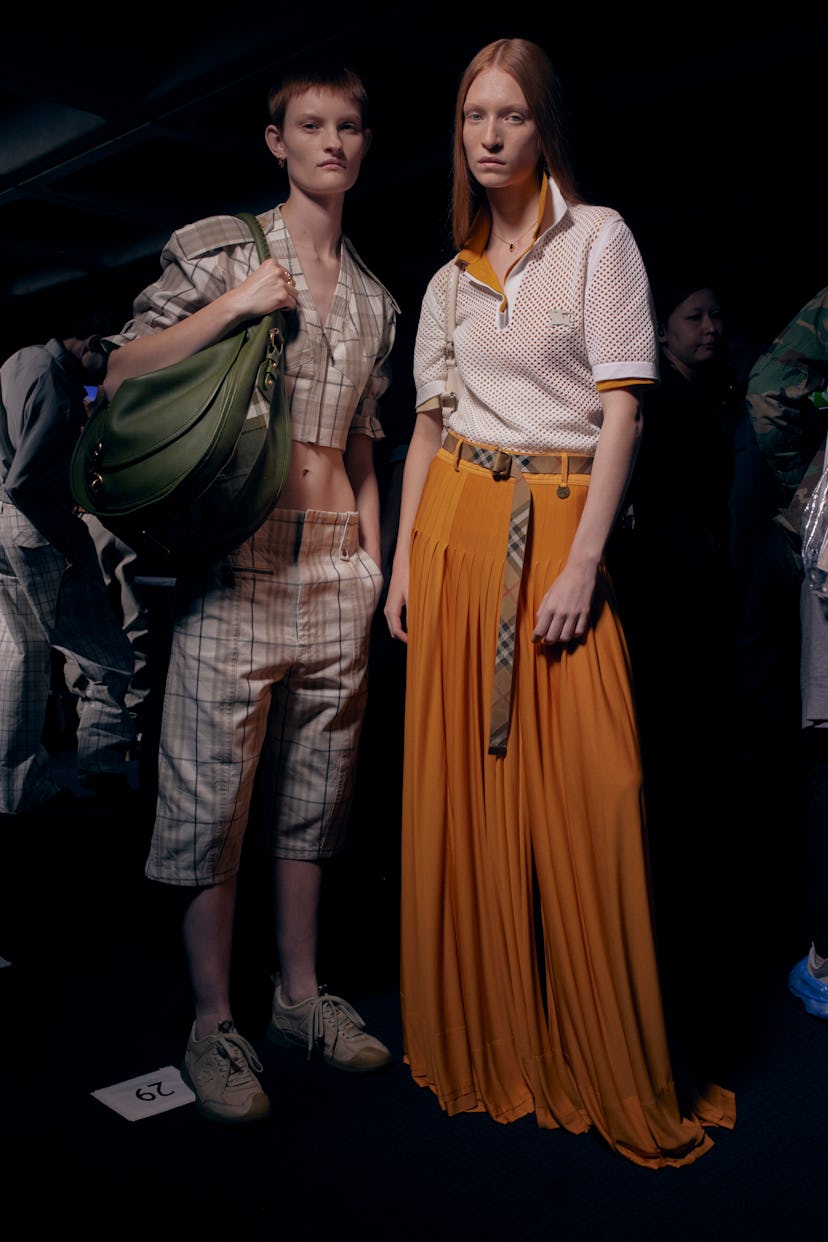 Backstage on the runway at Burberry RTW Spring 2025 as part of London Ready to Wear held at the Nati...