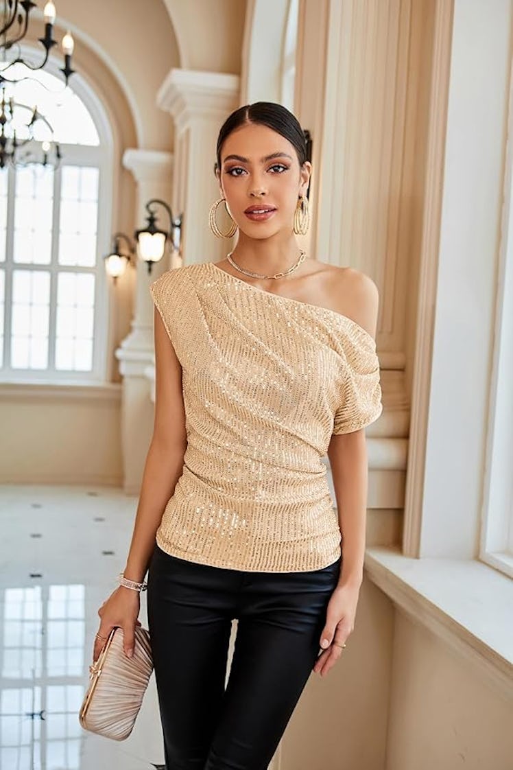 GRACE KARIN One Shoulder Sequin Top