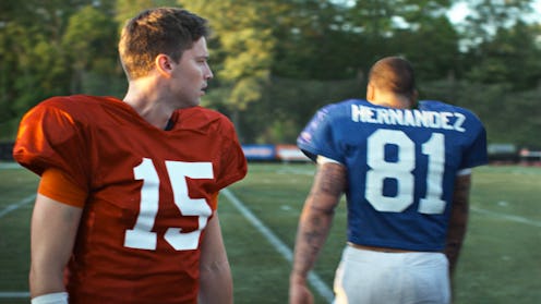 Patrick Schwarzenegger as Tim Tebow and Josh Rivera as Aaron Hernandez on American Sports Story. Pho...