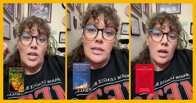 A woman with curly hair and glasses speaks while showcasing book covers for "Harry Potter," "The Gre...
