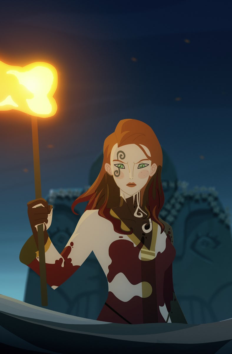 A woman with red hair holds a flaming torch, standing over a figure lying on the ground, while a ste...