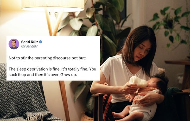 Exhausted mom feeding infant at night, overlayed with tweet from @rSanti97. Sleep deprivation can ca...