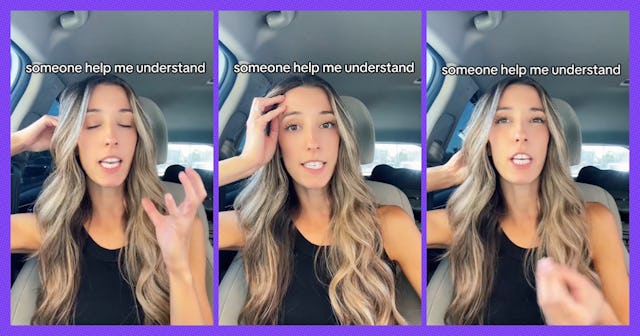 A woman with long, wavy hair appears in three frames, expressing confusion and seeking clarity on a ...