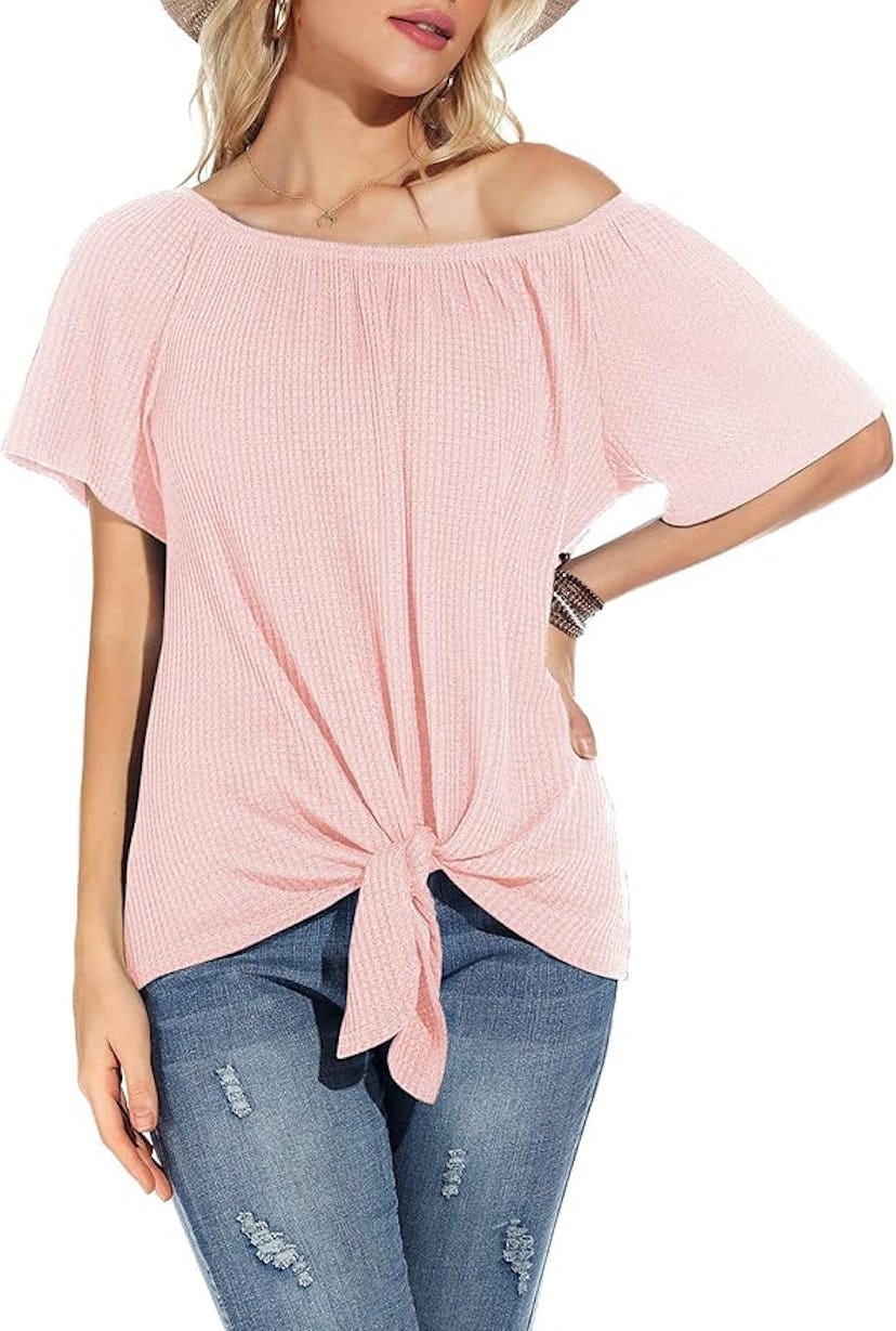 Neineiwu Waffle Knit Off The Shoulder Top