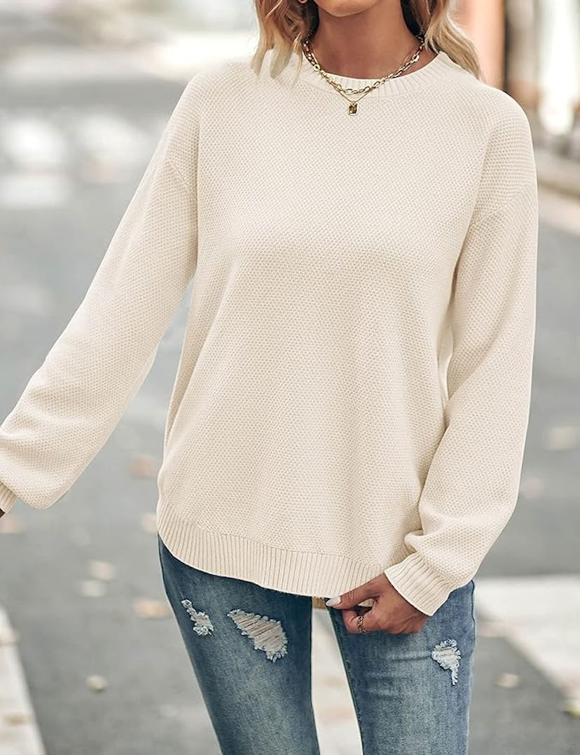 MEROKEETY Balloon Sleeve Crew Neck Sweater