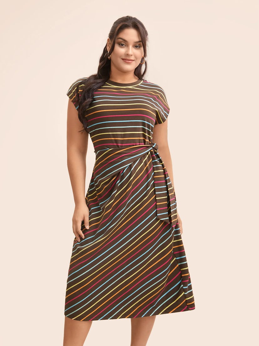 Colored Striped Tie Knot Cap Sleeve Dress