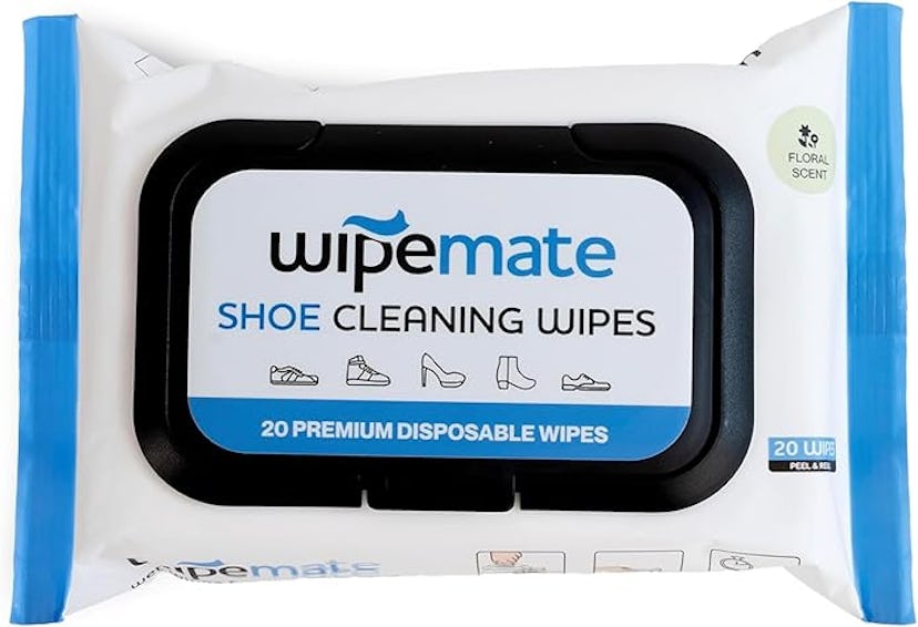 A package of Wipemate shoe cleaning wipes, featuring a black lid and white background, labeled as "2...