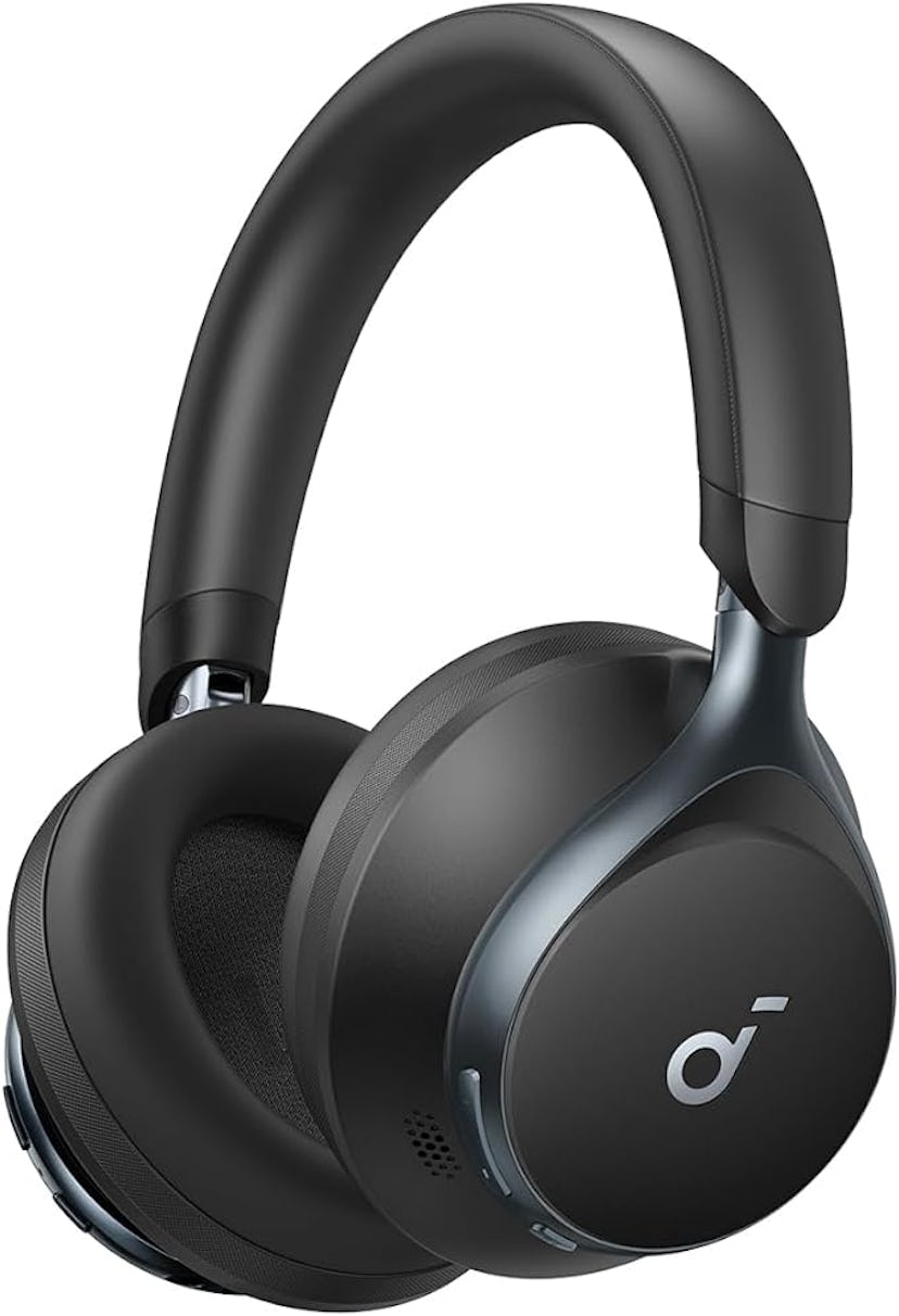 A pair of sleek, black over-ear headphones with a cushioned headband and ear pads. Features a modern...