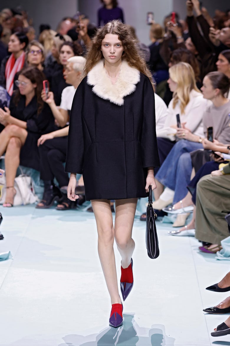 A model walks the runway at the Prada fashion show during the Milan Womenswear Spring/Summer 2025 on...